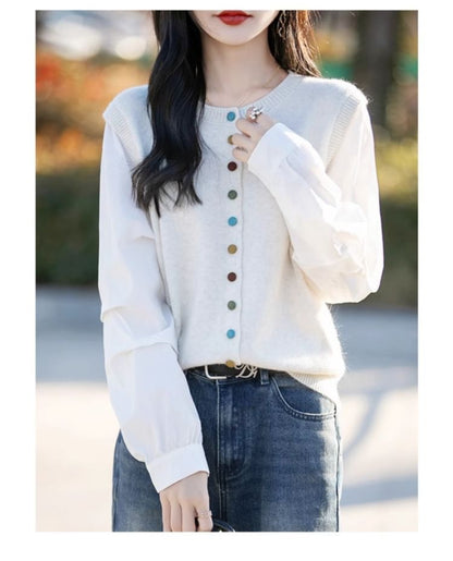 Round Neck Mock Two Piece Button Up Cardigan