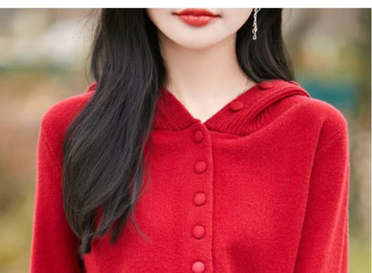 Hooded Plain Button Up Cardigan