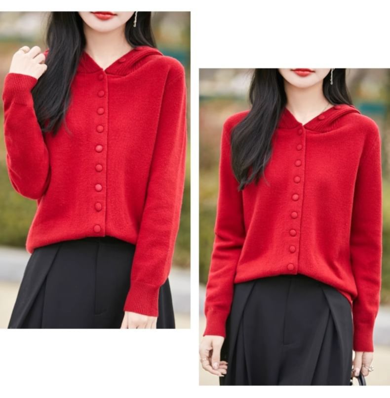 Hooded Plain Button Up Cardigan