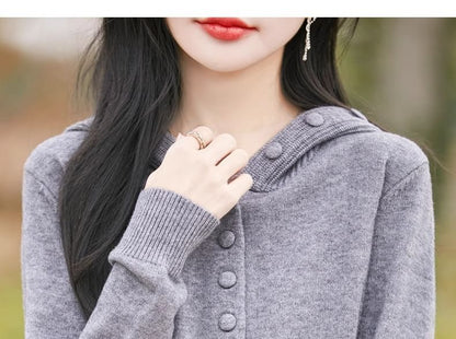 Hooded Plain Button Up Cardigan