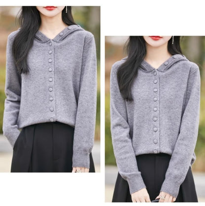 Hooded Plain Button Up Cardigan