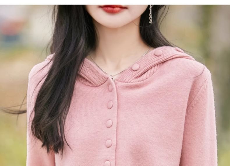 Hooded Plain Button Up Cardigan