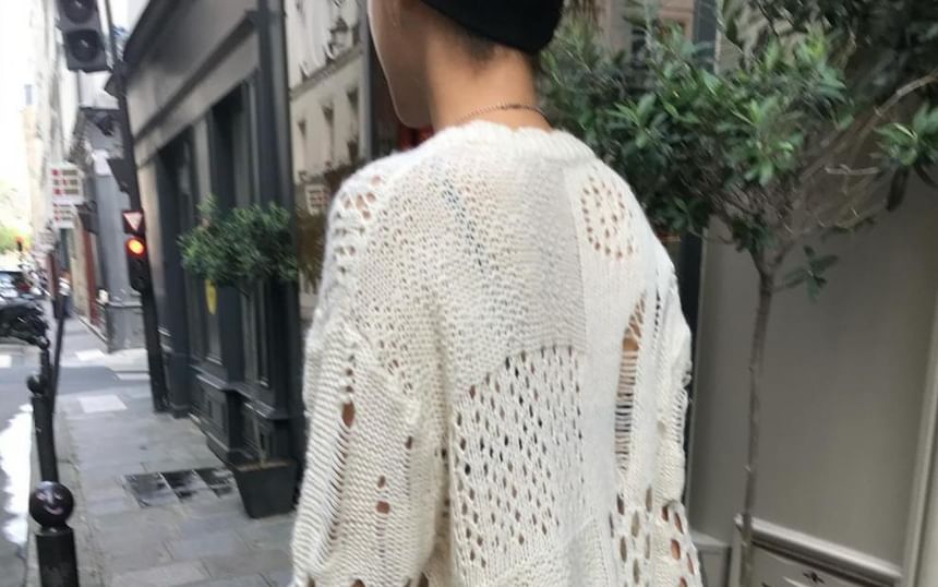 V-Neck Distressed Pointelle Sweater