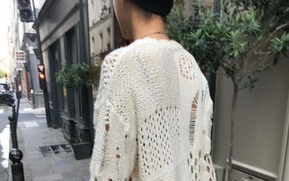 V-Neck Distressed Pointelle Sweater