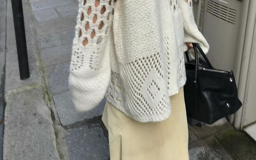V-Neck Distressed Pointelle Sweater