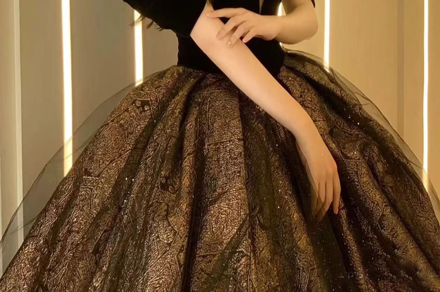 Short-Sleeve Off-Shoulder Patterned Ball Gown