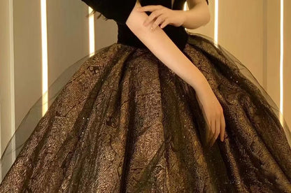 Short-Sleeve Off-Shoulder Patterned Ball Gown