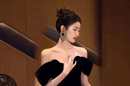 Short-Sleeve Off-Shoulder Patterned Ball Gown