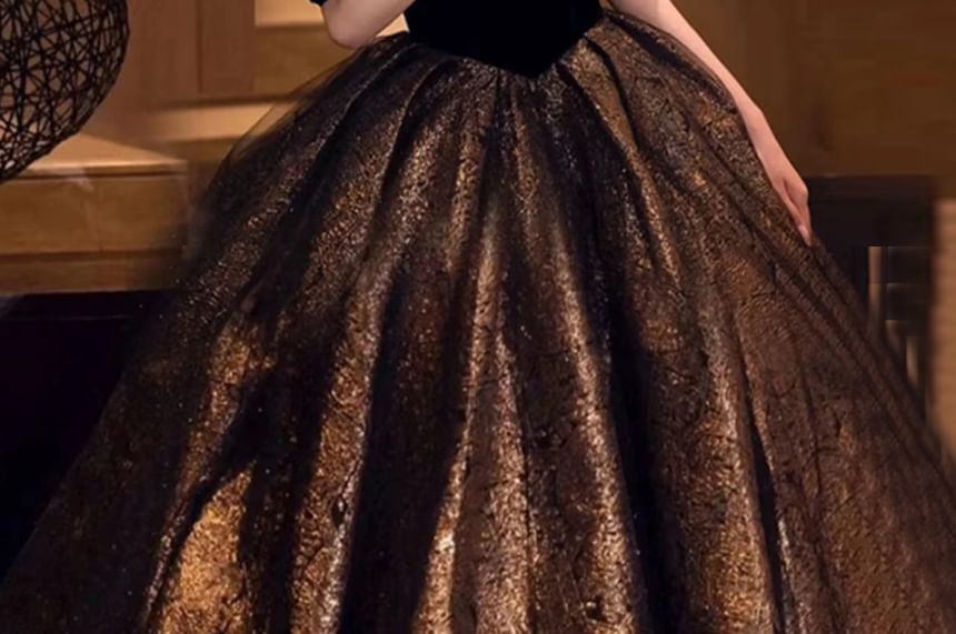 Short-Sleeve Off-Shoulder Patterned Ball Gown