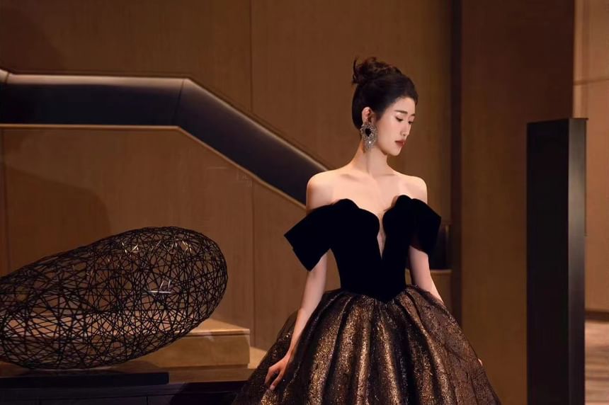 Short-Sleeve Off-Shoulder Patterned Ball Gown