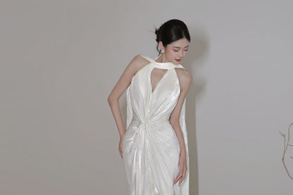Halter V-Neck Plain Ruched Slit Mermaid Wedding Gown