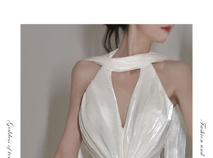 Halter V-Neck Plain Ruched Slit Mermaid Wedding Gown