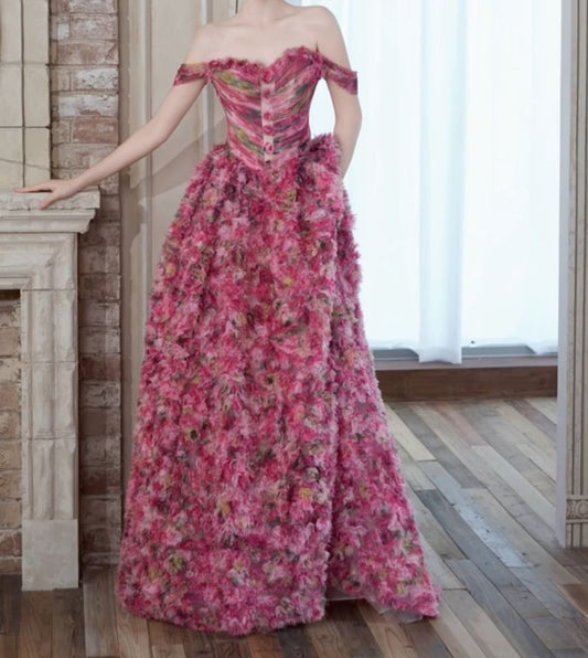 Off-Shoulder Floral Print Ruched A-Line Evening Gown