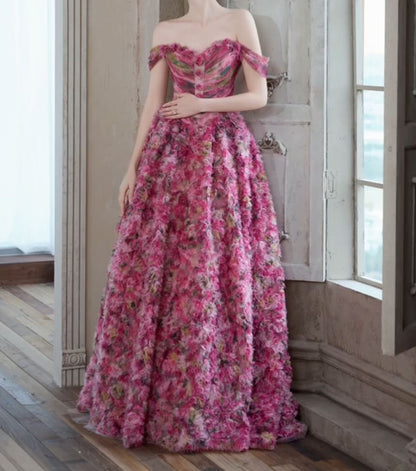 Off-Shoulder Floral Print Ruched A-Line Evening Gown