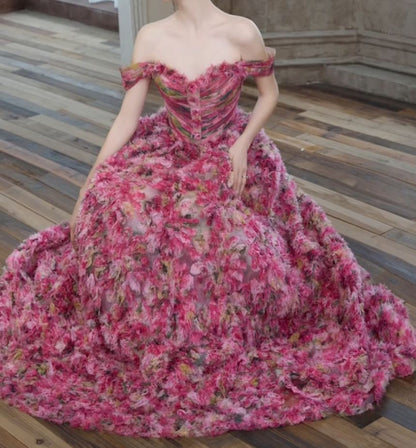 Off-Shoulder Floral Print Ruched A-Line Evening Gown