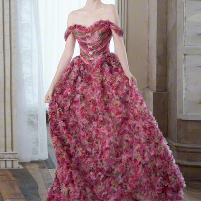 Off-Shoulder Floral Print Ruched A-Line Evening Gown