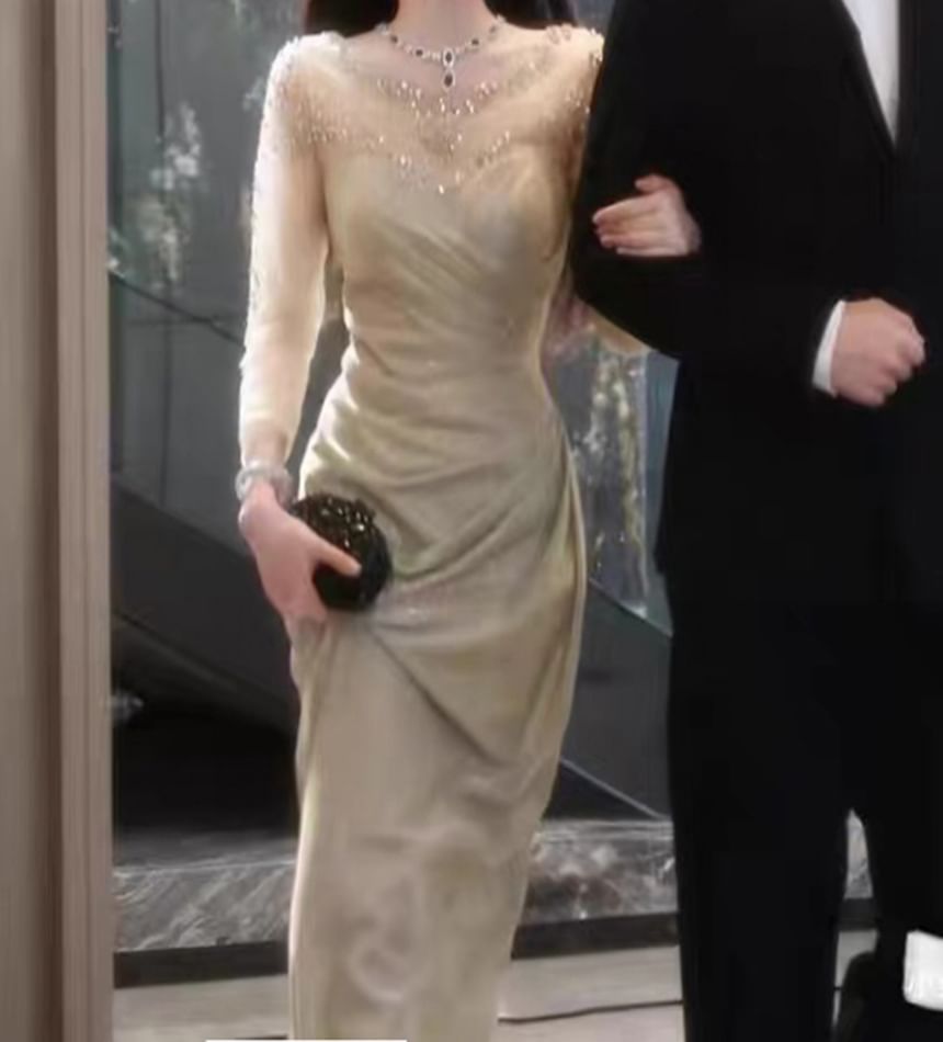 Long-Sleeve Boat Neck Sequin Sheer Panel Ruched Mermaid Evening Gown