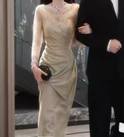 Long-Sleeve Boat Neck Sequin Sheer Panel Ruched Mermaid Evening Gown