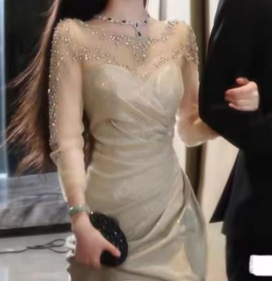 Long-Sleeve Boat Neck Sequin Sheer Panel Ruched Mermaid Evening Gown