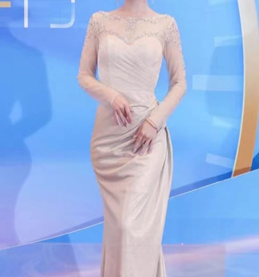 Long-Sleeve Boat Neck Sequin Sheer Panel Ruched Mermaid Evening Gown