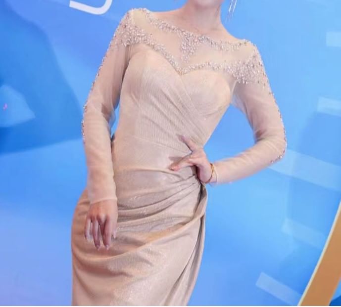 Long-Sleeve Boat Neck Sequin Sheer Panel Ruched Mermaid Evening Gown