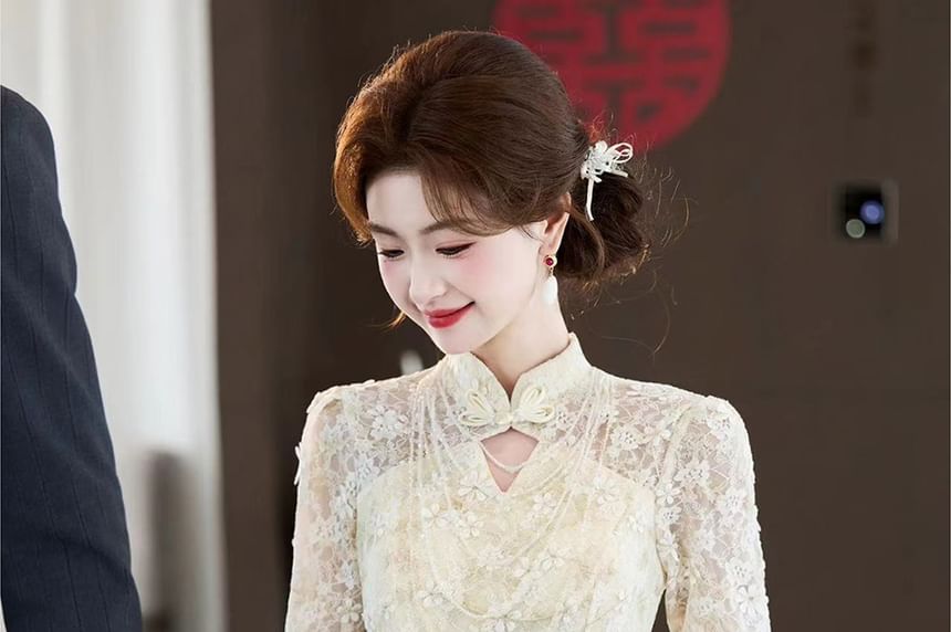 Long-Sleeve Stand Collar Cutout Lace Mermaid Wedding Gown