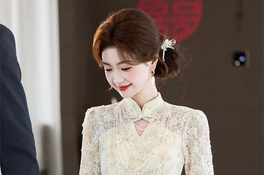 Long-Sleeve Stand Collar Cutout Lace Mermaid Wedding Gown