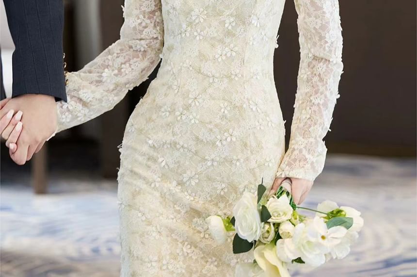 Long-Sleeve Stand Collar Cutout Lace Mermaid Wedding Gown