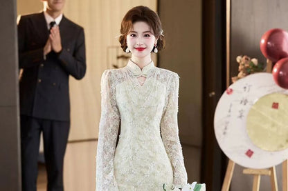 Long-Sleeve Stand Collar Cutout Lace Mermaid Wedding Gown