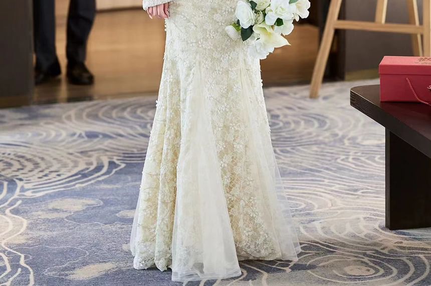 Long-Sleeve Stand Collar Cutout Lace Mermaid Wedding Gown