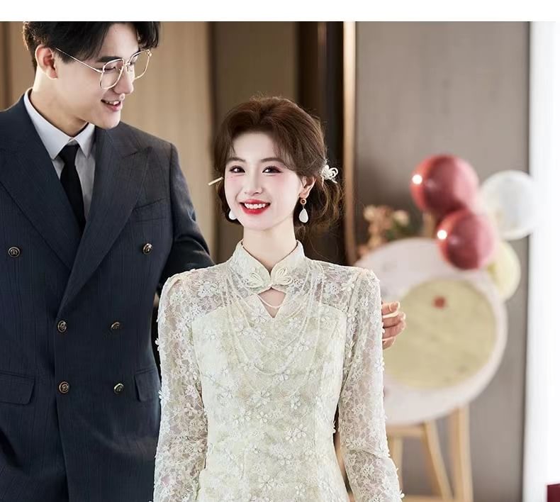 Long-Sleeve Stand Collar Cutout Lace Mermaid Wedding Gown