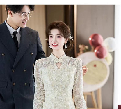 Long-Sleeve Stand Collar Cutout Lace Mermaid Wedding Gown