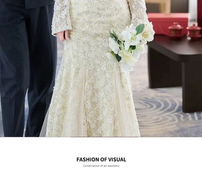 Long-Sleeve Stand Collar Cutout Lace Mermaid Wedding Gown