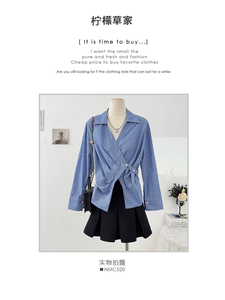 Asymmetrical Wrap Striped Shirt with Long Sleeves