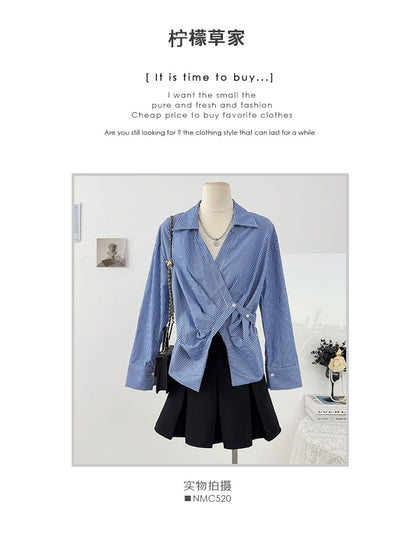 Asymmetrical Wrap Striped Shirt with Long Sleeves