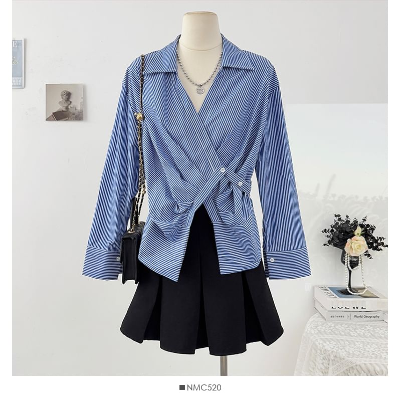 Asymmetrical Wrap Striped Shirt with Long Sleeves