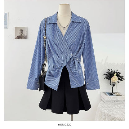 Asymmetrical Wrap Striped Shirt with Long Sleeves