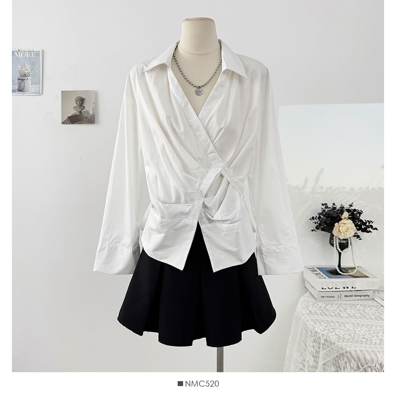 Asymmetrical Wrap Striped Shirt with Long Sleeves