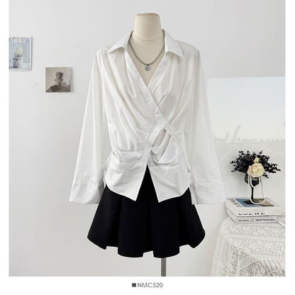 Asymmetrical Wrap Striped Shirt with Long Sleeves