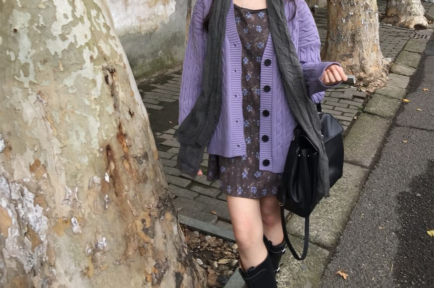 V-Neck Plain Cable Knit Cardigan