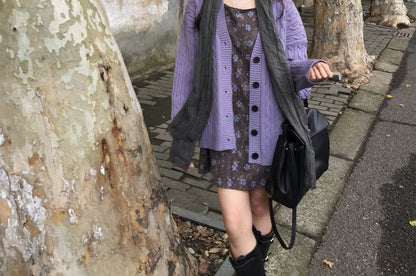 V-Neck Plain Cable Knit Cardigan