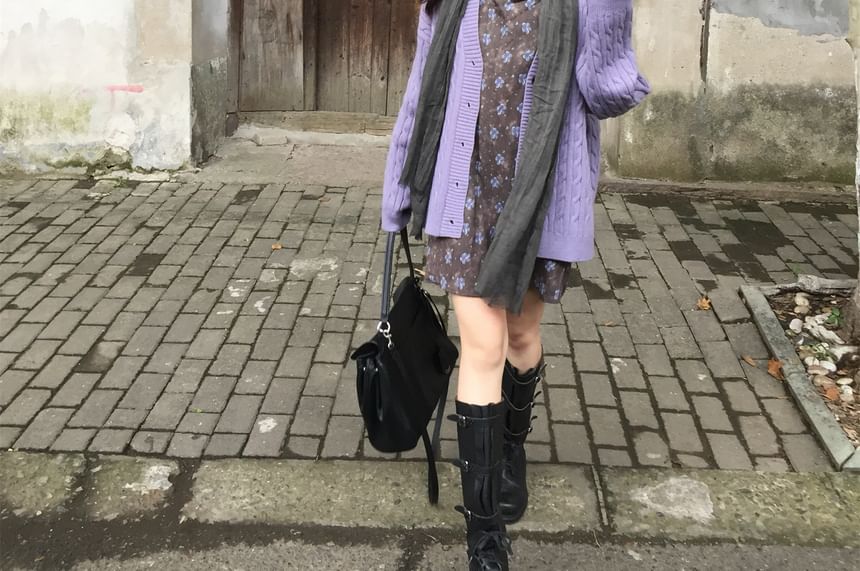 V-Neck Plain Cable Knit Cardigan