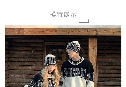 Couple Matching Round Neck Jacquard Sweater / Beanie / Scarf / Set