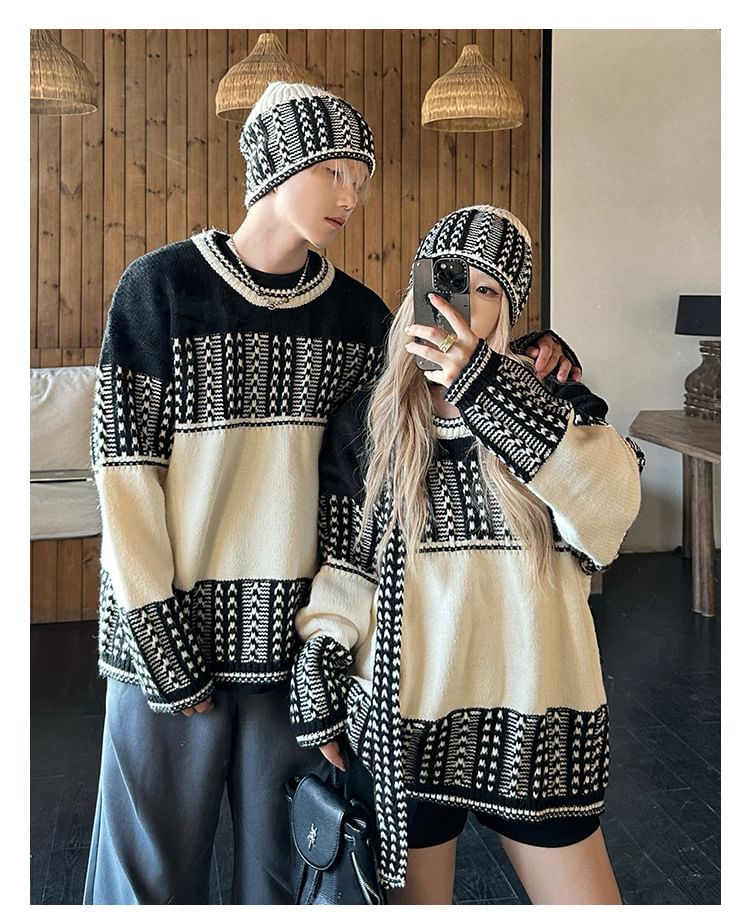 Couple Matching Round Neck Jacquard Sweater / Beanie / Scarf / Set