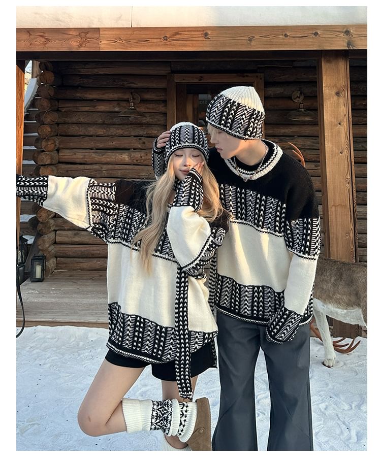 Couple Matching Round Neck Jacquard Sweater / Beanie / Scarf / Set