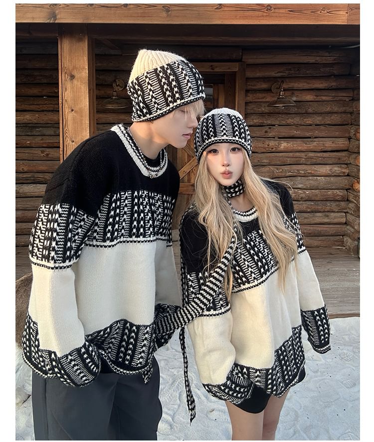 Couple Matching Round Neck Jacquard Sweater / Beanie / Scarf / Set