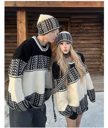 Couple Matching Round Neck Jacquard Sweater / Beanie / Scarf / Set