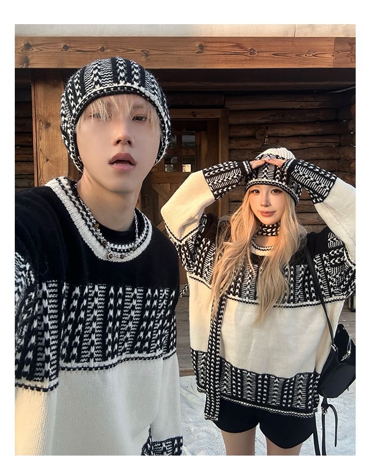 Couple Matching Round Neck Jacquard Sweater / Beanie / Scarf / Set