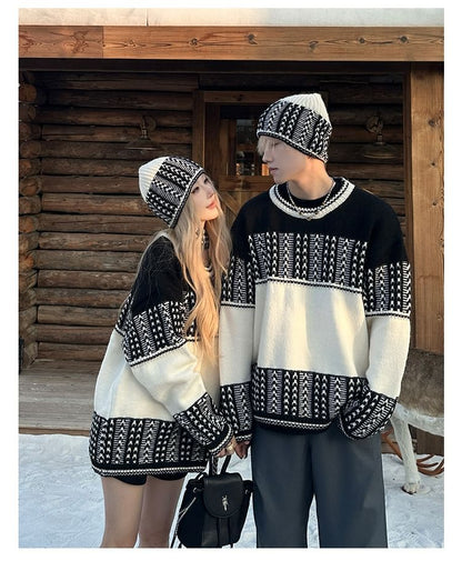 Couple Matching Round Neck Jacquard Sweater / Beanie / Scarf / Set