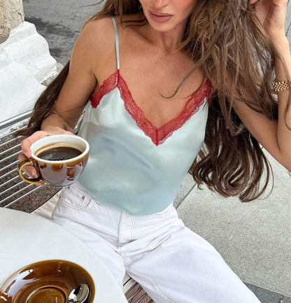 V-Neck Lace Trim Satin Camisole Top
